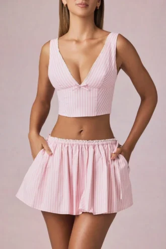 Top corto con lazo Magda en rayas malva suave