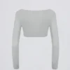 Top corto de jersey cepillado con cuello en V en gris niebla