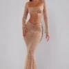 Top corto de manga larga con adornos transparentes Giulia en color almendra