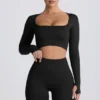 Top corto de manga larga sin costuras Super Sculpt en negro