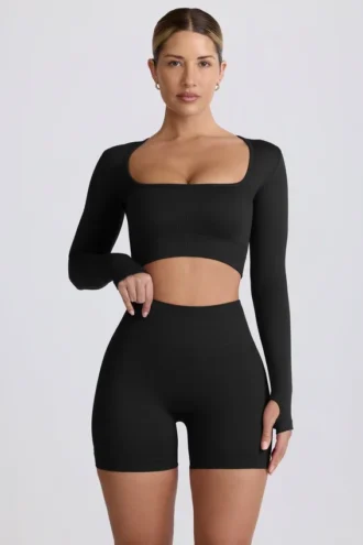 Top corto de manga larga sin costuras Super Sculpt en negro