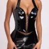 Top corto tipo corsé con cuello halter y cordones de vinilo Ophelia en negro