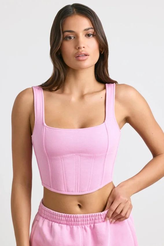 Top corto tipo corsé de jersey cepillado en rosa chicle
