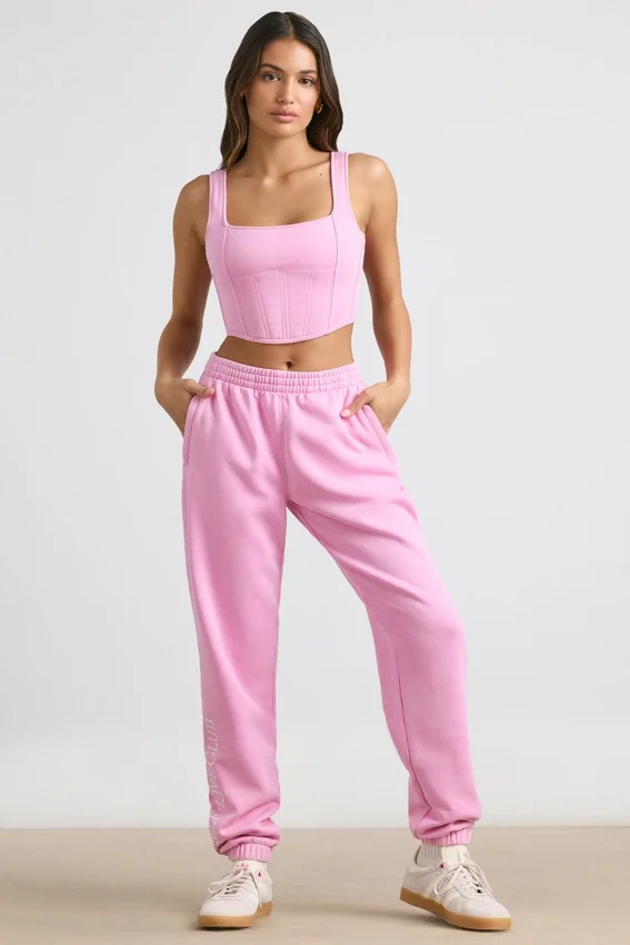 Top corto tipo corsé de jersey cepillado en rosa chicle
