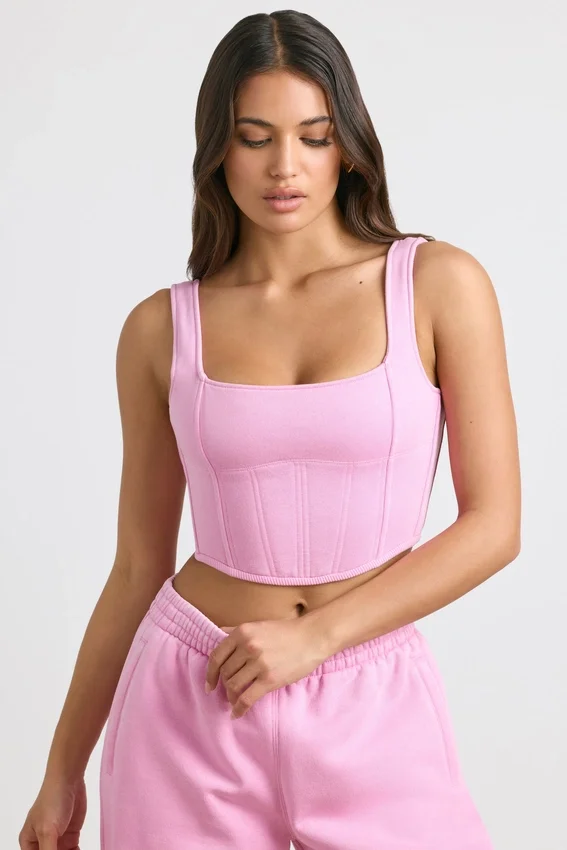 Top corto tipo corsé de jersey cepillado en rosa chicle