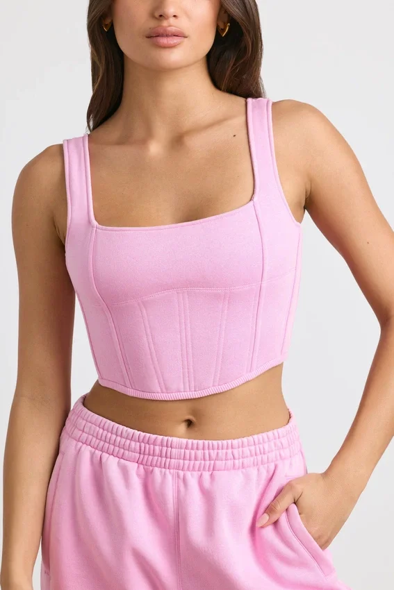 Top corto tipo corsé de jersey cepillado en rosa chicle