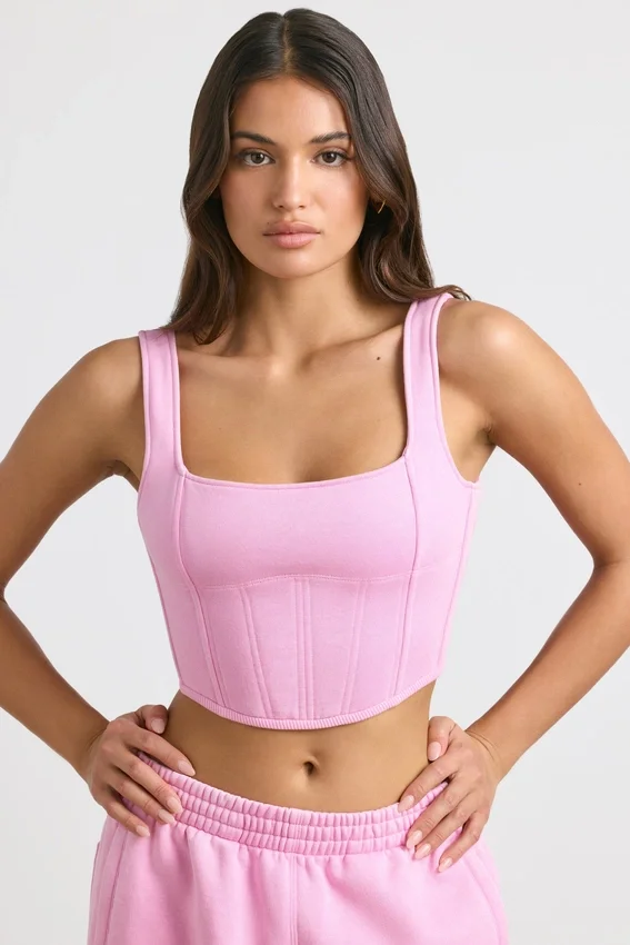 Top corto tipo corsé de jersey cepillado en rosa chicle