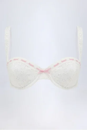 Top de bikini balconette con aros y bordado inglés Ravello en blanco