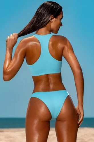 Top de bikini con cremallera Sporty Swim en turquesa