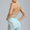 Top de bikini con tirantes cruzados y adornos Liberty en azul hielo