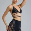 Top de bikini con tirantes cruzados y adornos Liberty en negro