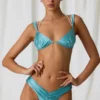 Top de bikini fruncido con detalles de perlas Akoya en turquesa