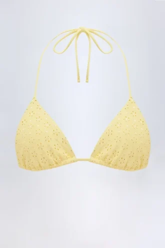 Top de bikini triangular Recife con bordado inglés en amarillo limón