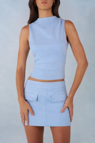 Top de cuello alto de ante sintético Aurelle en azul suave