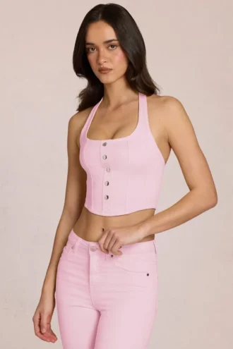 Top de estilo corsé con cuello halter de denim Elowis en rosa flor
