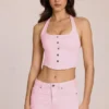 Top de estilo corsé con cuello halter de denim Elowis en rosa flor