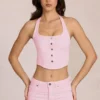 Top de estilo corsé con cuello halter de denim Elowis en rosa flor