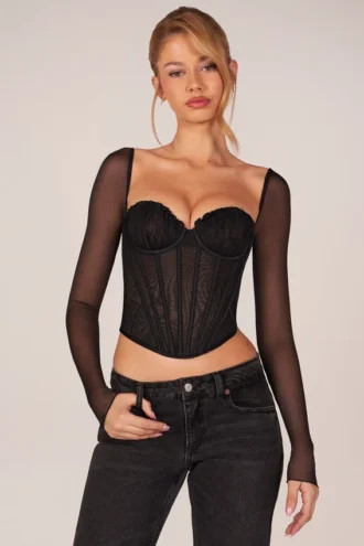 Top de manga larga con corsé Zella en negro