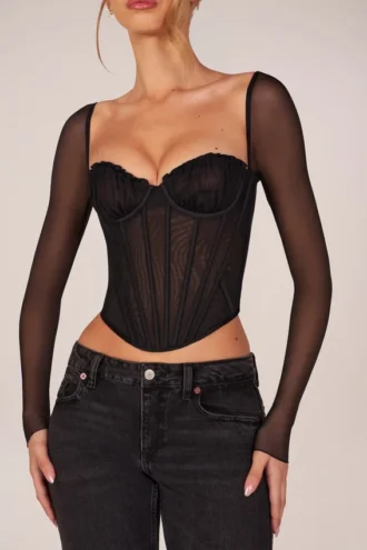Top de manga larga con corsé Zella en negro