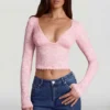 Top de manga larga con escote pronunciado de encaje transparente Lioren en rosa