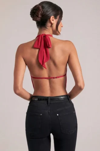 Top drapeado con cuello vuelto Zenna en rojo cereza