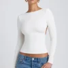 Top Elli de modal, cuello alto, manga larga y espalda abierta en blanco