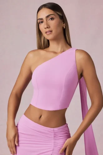 Top Rae de un solo hombro con detalle de pañuelo en rosa orquídea