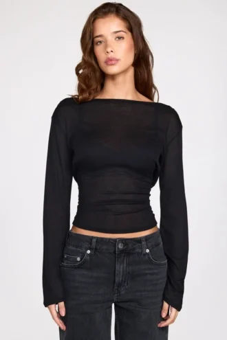 Top sin espalda de manga larga de jersey transparente Nari en negro