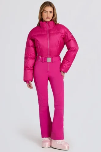 Traje de esquí acolchado e impermeable con cinturón en rosa magenta