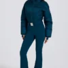 Traje de esquí acolchado e impermeable con cinturón en verde azulado