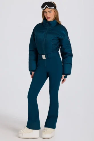 Traje de esquí acolchado e impermeable con cinturón en verde azulado
