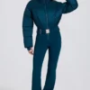Traje de esquí acolchado e impermeable con cinturón en verde azulado