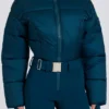 Traje de esquí acolchado e impermeable con cinturón en verde azulado