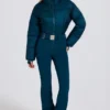 Traje de esquí acolchado e impermeable con cinturón en verde azulado