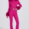 Traje de esquí ajustado con capucha de piel sintética impermeable en rosa magenta