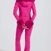 Traje de esquí ajustado con capucha de piel sintética impermeable en rosa magenta