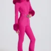 Traje de esquí ajustado con capucha de piel sintética impermeable en rosa magenta