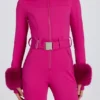 Traje de esquí ajustado con capucha de piel sintética impermeable en rosa magenta