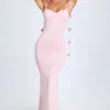 Vestido Aldona de jersey elástico con apliques florales en color rosa palo Vestido Aldona de jersey elástico con apliques florales en color rosa palo