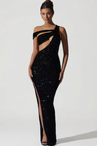 Vestido asimétrico con aberturas y adornos Persephone en negro