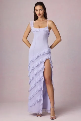Vestido asimétrico con volantes y cordones Hera en lila