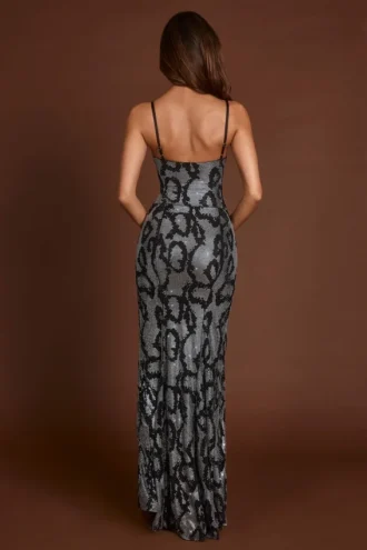 Vestido con cuello vuelto y aberturas decorado «Velia» en serpiente plateada
