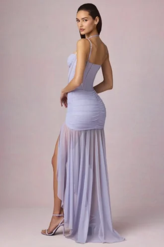 Vestido corsé asimétrico con fruncidos Haruna en color lila