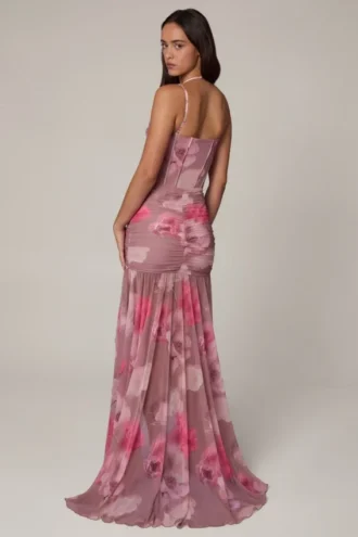 Vestido corsé asimétrico con fruncidos Haruna en estampado floral difuminado