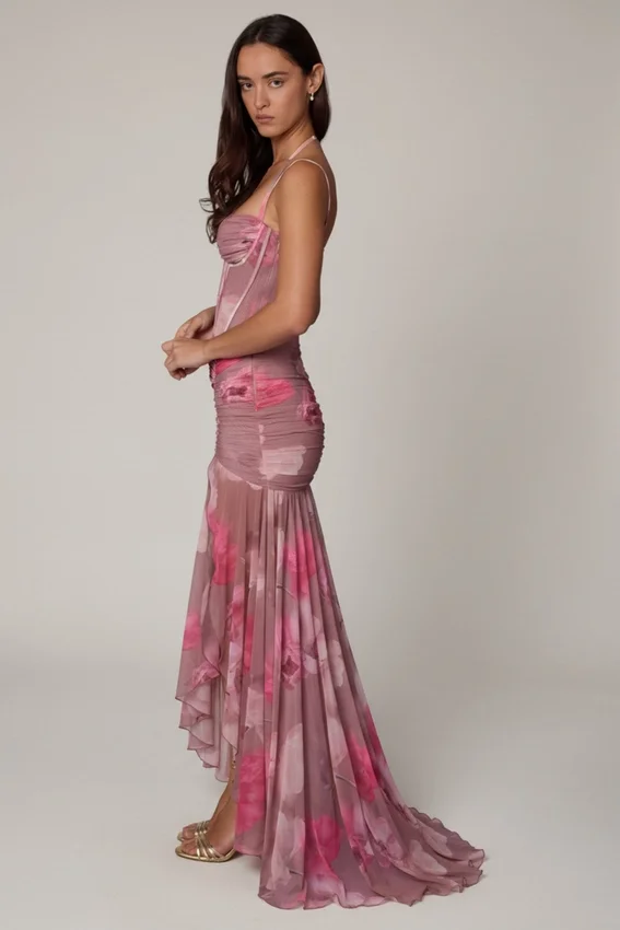 Vestido corsé asimétrico con fruncidos Haruna en estampado floral difuminado Vestido corsé asimétrico con fruncidos Haruna en estampado floral difuminado
