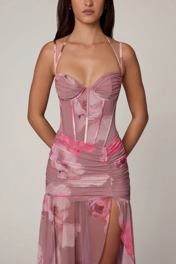 Vestido corsé asimétrico con fruncidos Haruna en estampado floral difuminado Vestido corsé asimétrico con fruncidos Haruna en estampado floral difuminado