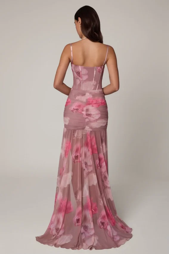Vestido corsé asimétrico con fruncidos Haruna en estampado floral difuminado Vestido corsé asimétrico con fruncidos Haruna en estampado floral difuminado
