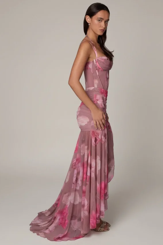 Vestido corsé asimétrico con fruncidos Haruna en estampado floral difuminado Vestido corsé asimétrico con fruncidos Haruna en estampado floral difuminado