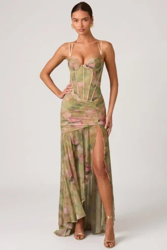 Vestido corsé asimétrico con fruncidos Haruna en estampado floral multicolor