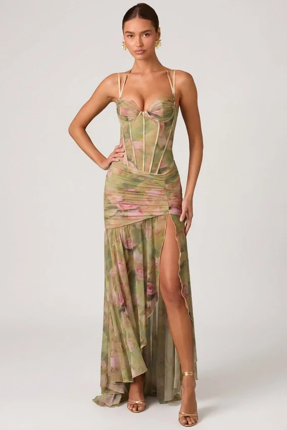 Vestido corsé asimétrico con fruncidos Haruna en estampado floral multicolor Vestido corsé asimétrico con fruncidos Haruna en estampado floral multicolor